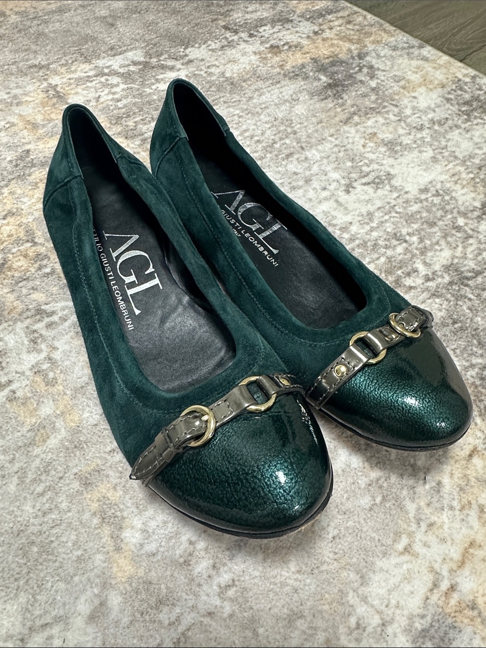 AGL Emerald Green Suede & Patent Leather Ballet Flats with Horsebit